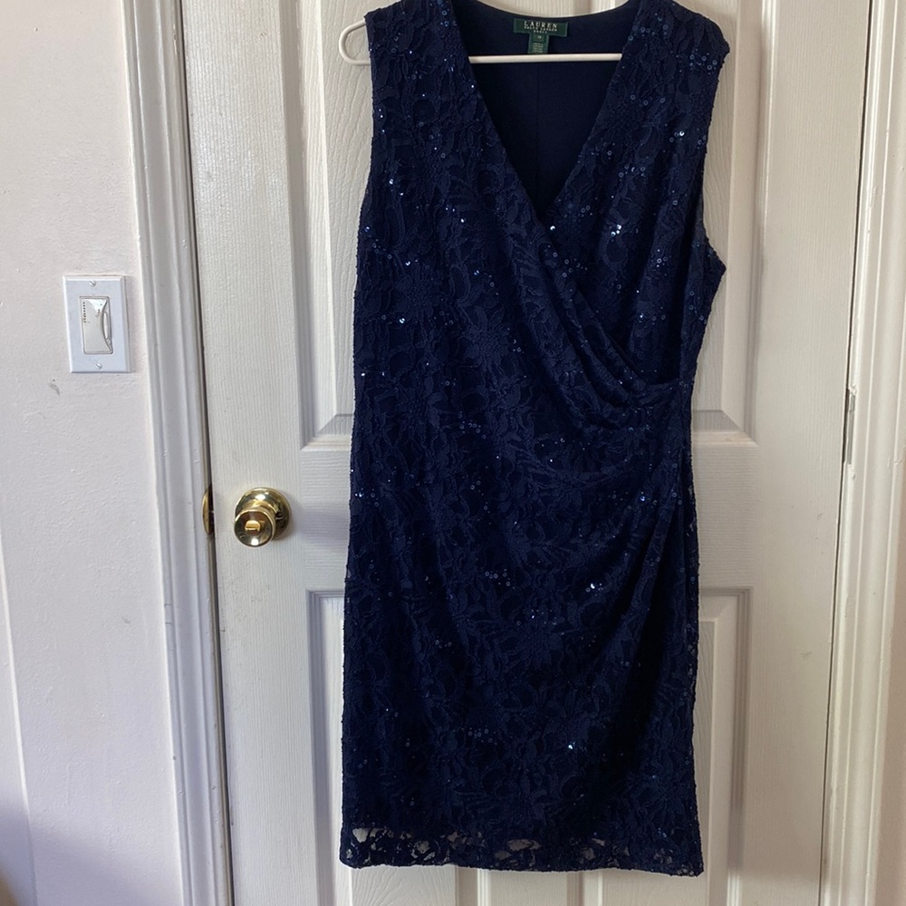 Navy blue lace and sequin cocktail dress by Ralph Lauren